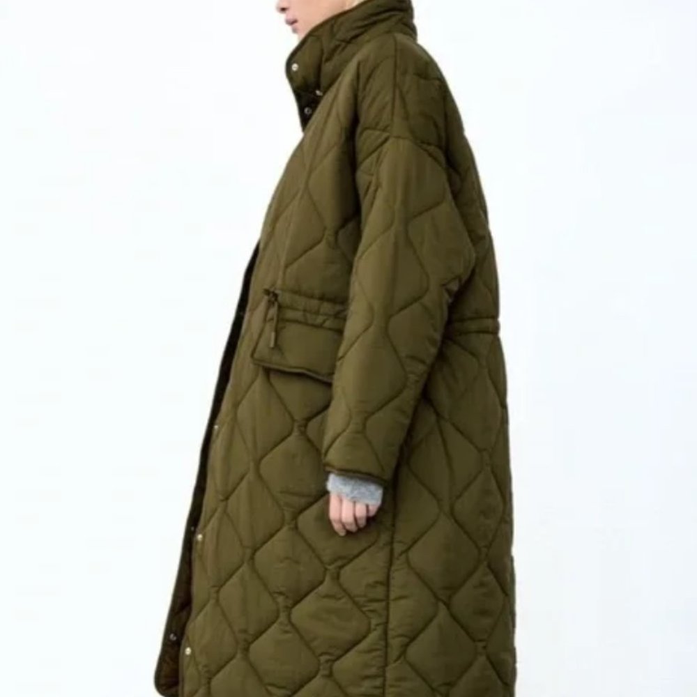 ZARA WATER REPELLENT QUILTED PUFFER COAT KHAKI/ GREEN